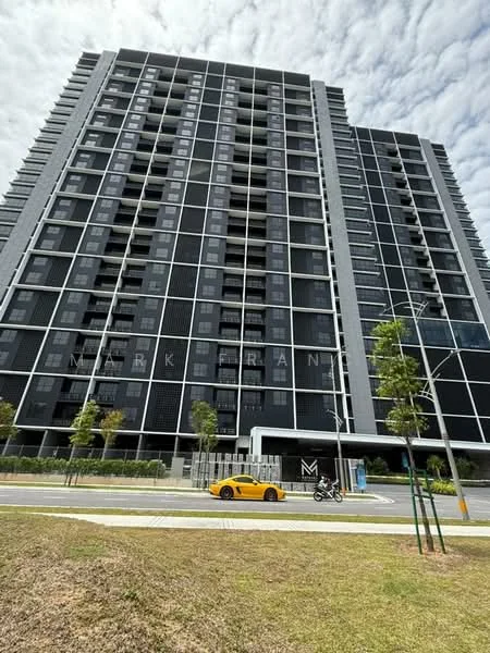 Exterior type: high-rise condominium; features: black and white facade, glass curtain wall, recessed balconies, vertical fins, approximately 20-storey high-rise, manicured landscaping, paved walkway, surrounded by mature greenery; style: modern.