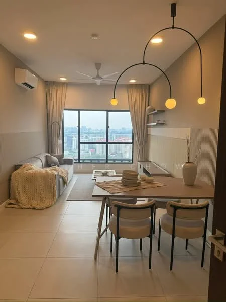 Living features: 3-seater fabric sofa in light grey, ceiling fan with integrated light, floor-to-ceiling windows, sheer curtains, light wood dining table, 4 upholstered dining chairs, decorative vase on table, wall-mounted shelves, neutral painted walls, tile flooring, area rug, city view; style: modern; view: city.