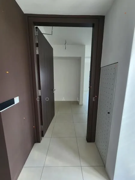 Room features: brown painted walls, white ceiling, tile flooring, door frame, door with handle, mailbox, light fixture, open space; style: modern.