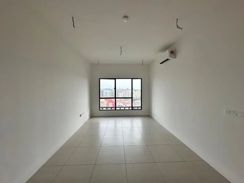 Room features: white painted walls, tile flooring, floor-to-ceiling windows, 1 wall-mounted split AC, neutral ceiling, no visible furniture or decor; style: modern; view: city.