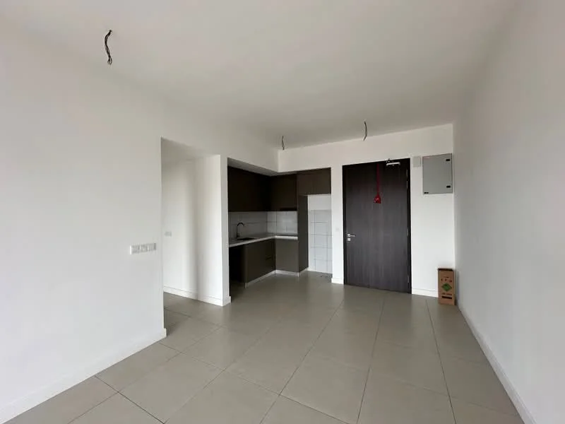 Room features: white painted walls, grey tiled flooring, kitchen cabinetry in dark grey, white backsplash, single-bowl stainless-steel sink, countertop, door to exterior, electrical panel on wall, no visible appliances, no visible lighting fixtures, open layout; style: modern.