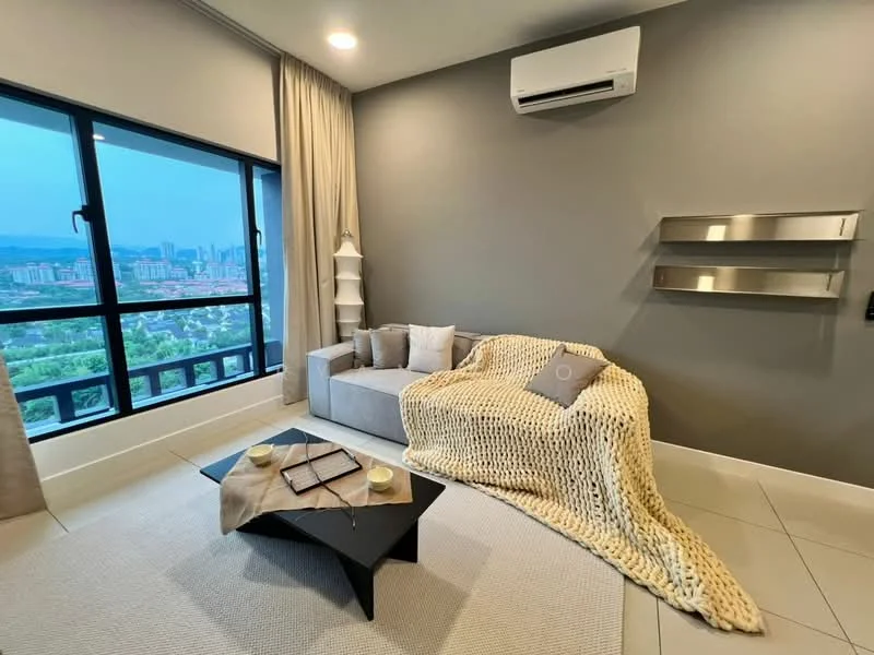 Living features: grey painted walls, floor-to-ceiling windows, city view, light-coloured sofa, knitted throw blanket, black coffee table, area rug, wall-mounted air conditioning unit, decorative shelving unit, curtains, recessed lighting; style: modern; view: city.