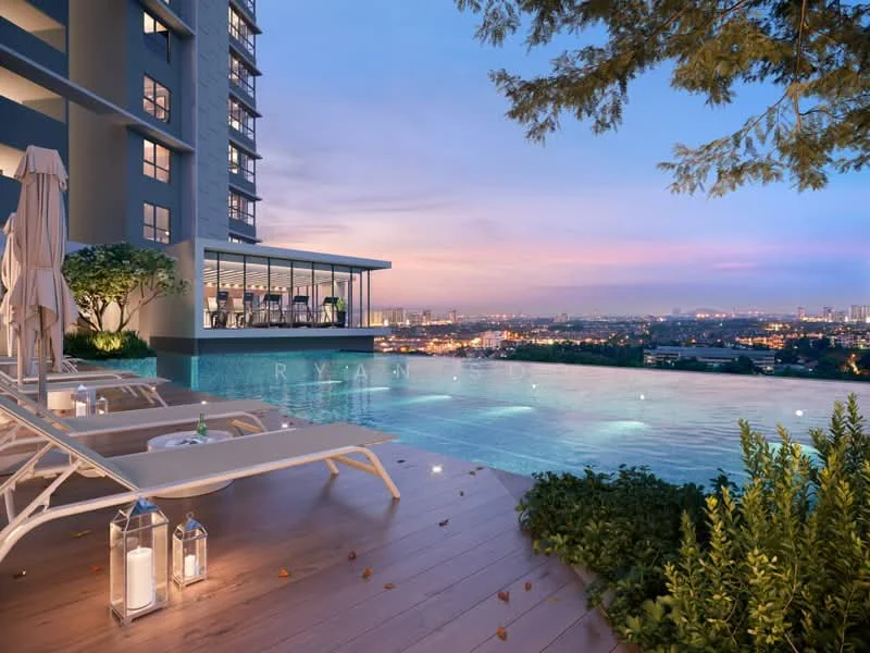 Exterior type: high-rise condominium; features: infinity pool, pool deck with loungers, landscaped garden area, city skyline view, glass curtain wall, outdoor lighting, manicured lawn, tropical landscaping; style: modern.