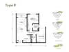 Floor plan: 2-bedroom 2-bathroom unit; features: open-plan kitchen-dining-living, master bedroom with ensuite bathroom, bedroom 2 with shared bathroom, balcony off living room, utility room, laundry area, central foyer, 1 car porch.