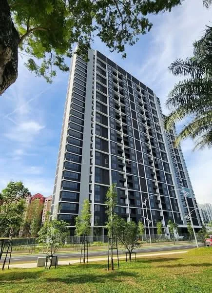 Exterior type: high-rise condominium; features: glass curtain wall, black and white facade, recessed balconies, approximately 20-storey high-rise, manicured lawn, mature trees, surrounded by greenery; style: modern.