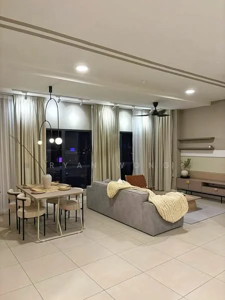 Living features: 3-seater fabric sofa in light grey, coffee table, TV console, wall-mounted TV, area rug, floor-to-ceiling windows, sheer curtains, recessed downlights, pendant lamp, decorative plant in vase, wall-mounted shelf, cream painted walls, tile flooring; style: modern; view: city. Dining features: 6-seater dining table, upholstered dining chairs, decorative table setting, pendant lighting above table; style: modern.