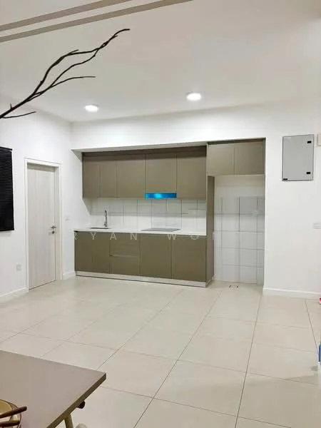 Kitchen features: light grey cabinetry, white tiled backsplash, single-bowl stainless-steel sink, chrome pull-down faucet, built-in oven, stainless-steel range hood, white walls, recessed LED downlights, cream-colored floor tiles, open shelving, kitchen island, wall-mounted electrical panel; style: modern.