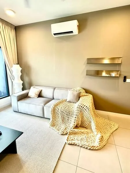 Living features: beige fabric sofa, knitted throw blanket, cream area rug, wall-mounted air conditioning unit, light beige painted walls, floor-to-ceiling windows, metal wall shelves, curtains, recessed lighting; style: modern.