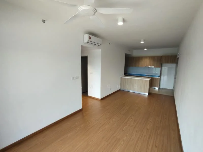 Living features: light wood laminate flooring, white painted walls, ceiling fan, 1 wall-mounted split AC, recessed downlights, open layout to kitchen, large window for natural light, no visible furniture; style: modern. Kitchen features: kitchen island, wood cabinetry, stainless-steel fridge, built-in countertop, blue backsplash, no visible appliances; style: modern.