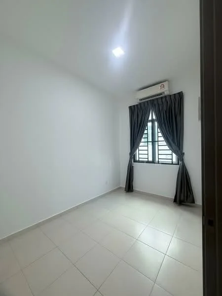 Room features: white painted walls, tile flooring, ceiling with recessed lighting, window with black curtains, wall-mounted split AC.