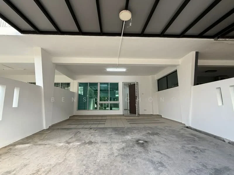 Exterior type: parking deck; features: concrete flooring, white painted walls, overhead lighting, open layout, multiple entry points, sliding glass door, large windows, roof overhang; style: modern.