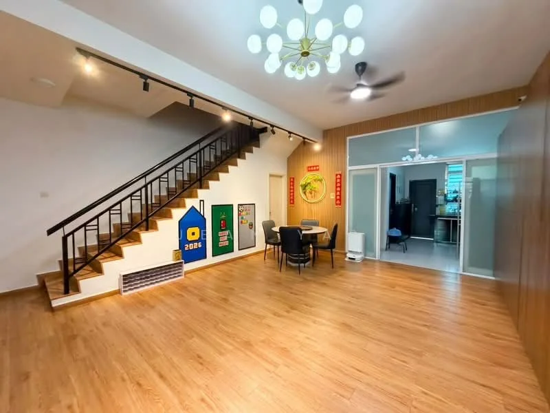 Living features: wooden flooring, white painted walls, ceiling fan with light, 5-blade ceiling fan, staircase with wooden railing, decorative wall art, dining table with chairs, wall-mounted air conditioning unit, large windows, open layout, recessed lighting; style: modern. Kitchen features: kitchen area visible through glass door, white cabinetry, countertop, stainless-steel appliances; style: modern.