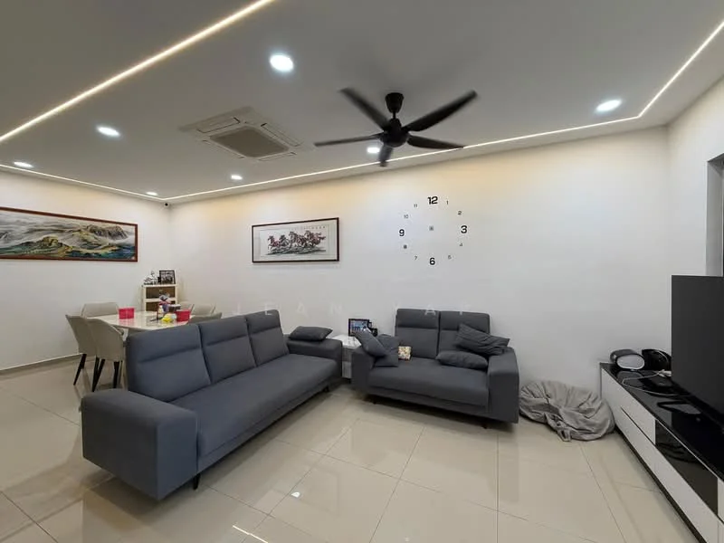 Living features: grey fabric L-shape sectional sofa, grey fabric 3-seater sofa, coffee table, wall-mounted TV, decorative wall clock, recessed LED downlights, ceiling fan, cream painted walls, glossy tile flooring, artwork on walls, dining area with 6-seater dining table; style: modern.