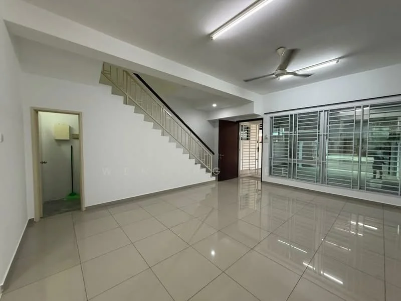 Living features: white painted walls, glossy ceramic tile flooring, ceiling with recessed lighting, 5-blade ceiling fan, large glass sliding door, metal grilles on sliding door, staircase with metal railing, open layout, natural light from windows; style: modern. Room features: door leading to unknown room, green cleaning equipment visible.