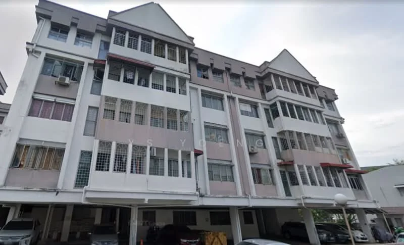 Exterior type: low-rise apartment block; features: white painted facade, cream painted facade, multiple windows with grilles, covered parking area, balconies with railings, two-storey building, visible air conditioning units, flat roof; style: modern.
