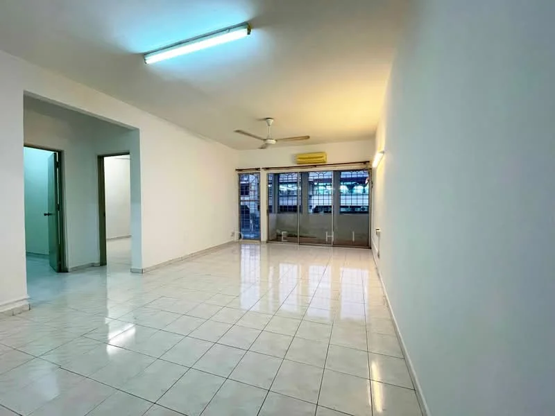 Living features: white painted walls, glossy ceramic tile flooring, ceiling fan, recessed lighting, large windows, window treatments, air conditioning unit, open layout; style: modern; view: city. Room features: white painted walls, glossy ceramic tile flooring, doorway leading to another room.