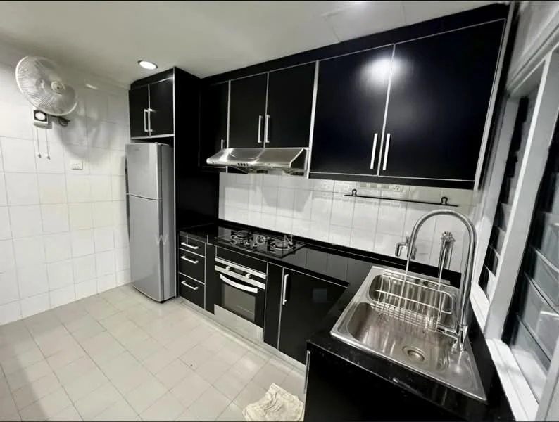 Kitchen features: black cabinetry with stainless-steel handles, black granite countertop, stainless-steel sink, chrome pull-down faucet, built-in gas hob, stainless-steel range hood, stainless-steel fridge, white tiled backsplash, white tiled walls, light-colored tile flooring, wall-mounted fan, recessed downlights; style: modern.
