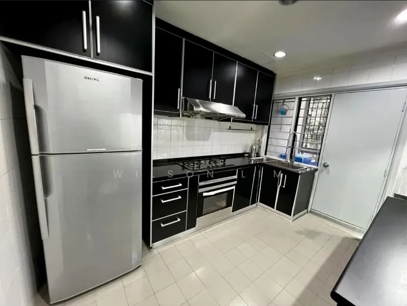Kitchen features: black cabinetry, stainless-steel fridge, built-in oven, 4-burner gas hob, stainless-steel range hood, white tiled backsplash, black countertop, sink with faucet, floor tiles in light color, window with security grille, sliding glass door, wall-mounted storage, under-cabinet lighting; style: modern.
