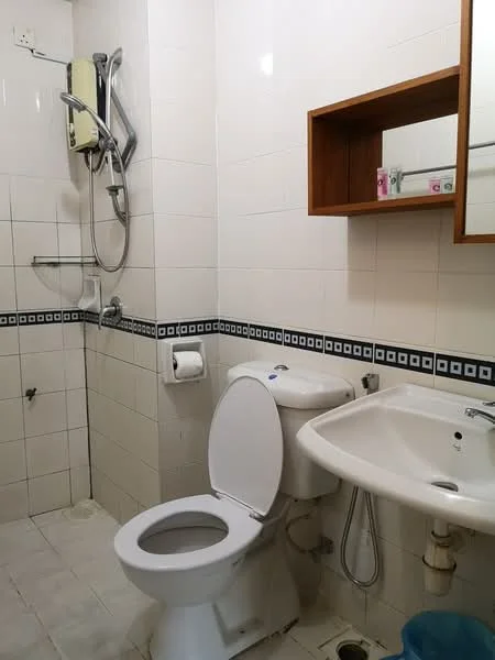 Bathroom features: white tiled walls, white floor tiles, walk-in shower with glass partition, chrome shower head, toilet, single-sink vanity, mirror above sink, wooden shelf above sink, handheld shower, grab bars, wall-mounted soap dispenser.