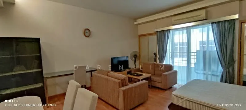 Living features: light wood flooring, beige fabric sofa, 2-seater fabric sofa, coffee table, wall-mounted TV, floor fan, wall clock, curtains, sliding glass door, balcony access, built-in shelving unit; style: modern.