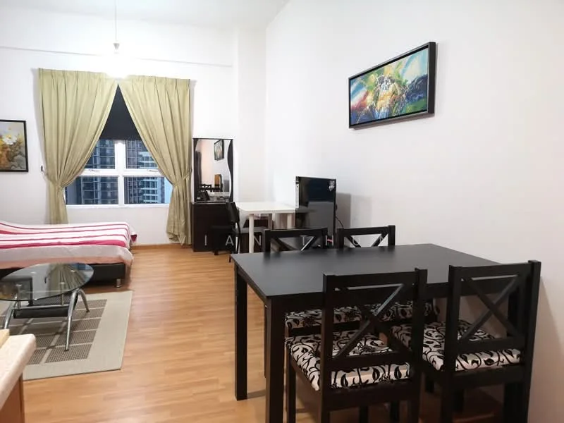 Living features: wooden flooring, white painted walls, large window with city view, curtains, 2-seater fabric sofa, coffee table, TV console, wall-mounted TV, dining table with 4 chairs, decorative artwork on wall, area rug; style: modern; view: city.