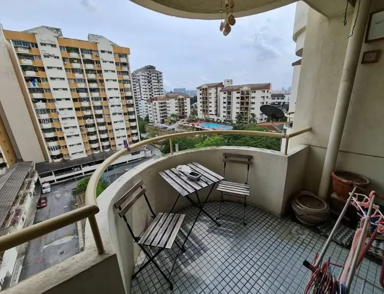 Balcony features: round glass railing, tile flooring, wooden folding table, two wooden chairs, potted plants, clothes drying rack, city view, overhead ceiling light; view: city.
