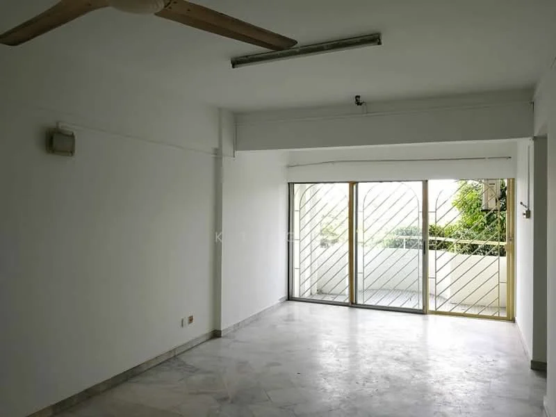 Living features: white painted walls, marble flooring, 5-blade ceiling fan, floor-to-ceiling windows, sliding glass door, balcony view, natural light, minimalist decor; style: minimalist; view: garden.