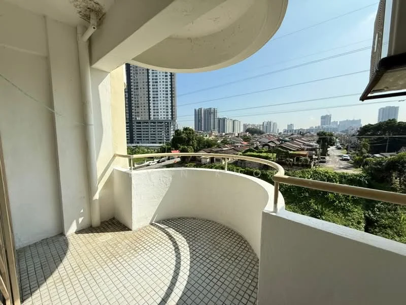 Room features: curved balcony, tile flooring, railing, city view, surrounding buildings, clear blue sky, power lines visible; view: city.