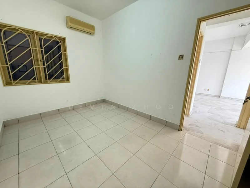Room features: white painted walls, tile flooring, 1 wall-mounted split AC, window with grille, neutral color scheme.