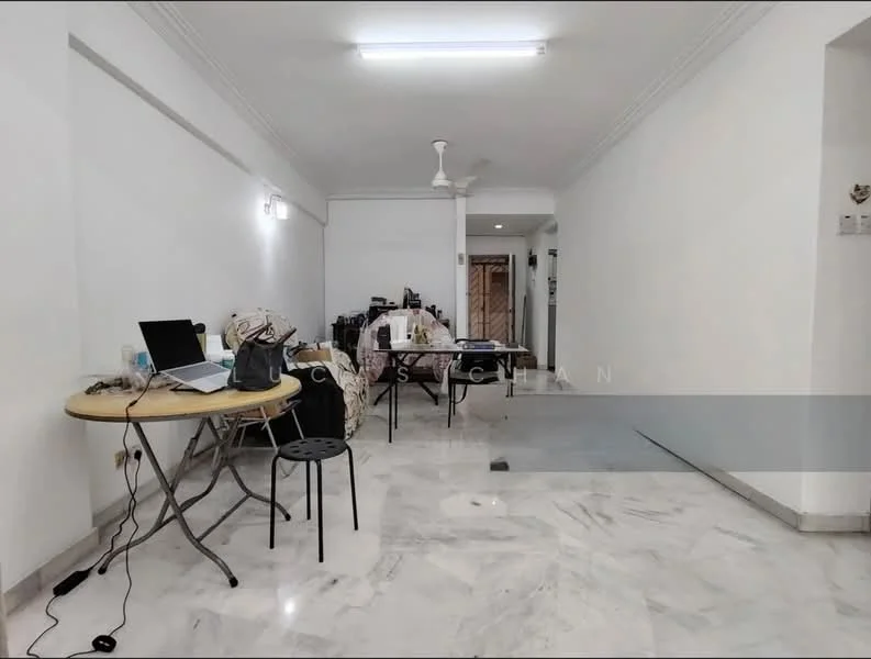 Room features: white painted walls, marble flooring, ceiling fan, recessed lighting, table with chairs, laptop on table, various items on table, open space layout; style: modern.