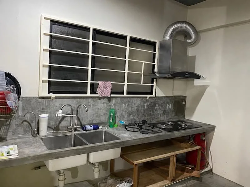 Kitchen features: double-bowl stainless-steel sink, chrome pull-down faucet, granite countertop, grey tiled backsplash, 4-burner gas hob, stainless-steel range hood, wooden open shelving, fire extinguisher, window with security bars, wall-mounted ventilation duct; style: modern.