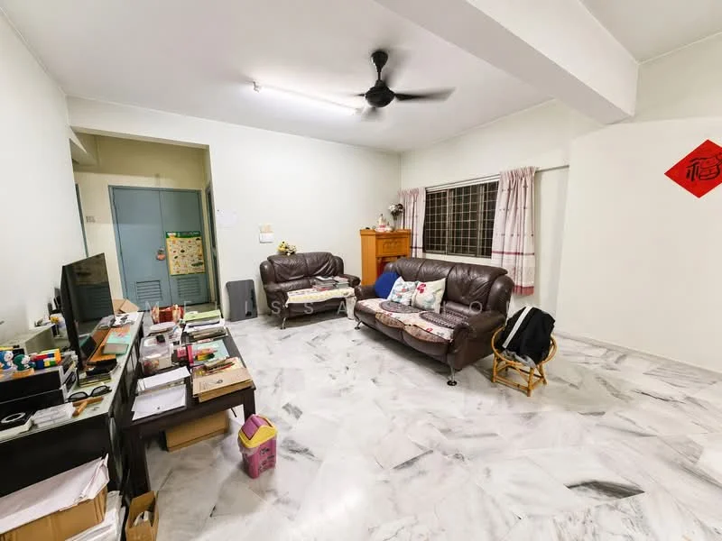 Living features: marble flooring, white painted walls, 5-blade ceiling fan, two brown leather sofas, wooden coffee table, TV console, wall-mounted TV, curtains on windows, decorative wall art, storage cabinet, decorative items on shelves; style: modern.