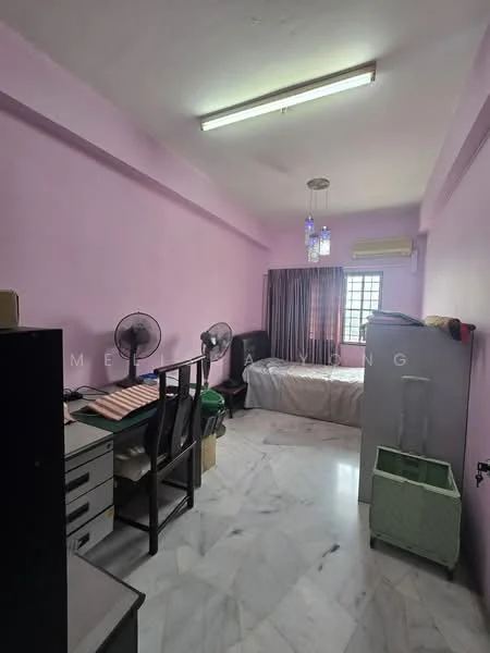 Bedroom features: pink painted walls, marble flooring, ceiling light fixture, 2 ceiling fans, window with curtains, double bed with bedding, study desk with chair, wardrobe, green laundry basket, black bedside table.