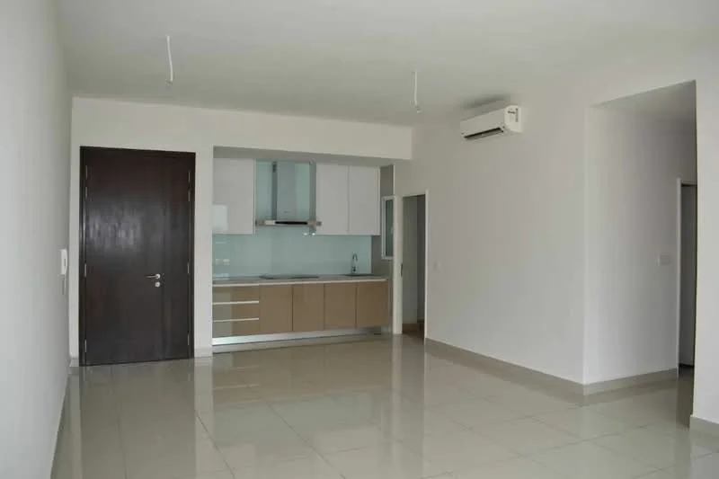 Living features: white painted walls, glossy ceramic tile flooring, recessed downlights, wall-mounted split AC, dark wooden door, kitchenette with light wood cabinetry, stainless-steel sink, built-in oven, glass cooktop, countertop with backsplash, open layout, large window, neutral color palette; style: modern.