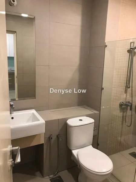 Bathroom features: single-sink vanity with wood cabinet, chrome basin mixer faucet, framed mirror, two-piece toilet, walk-in shower with glass enclosure, handheld shower, tile cladding on walls, ceramic tile flooring, recessed downlights; style: modern.