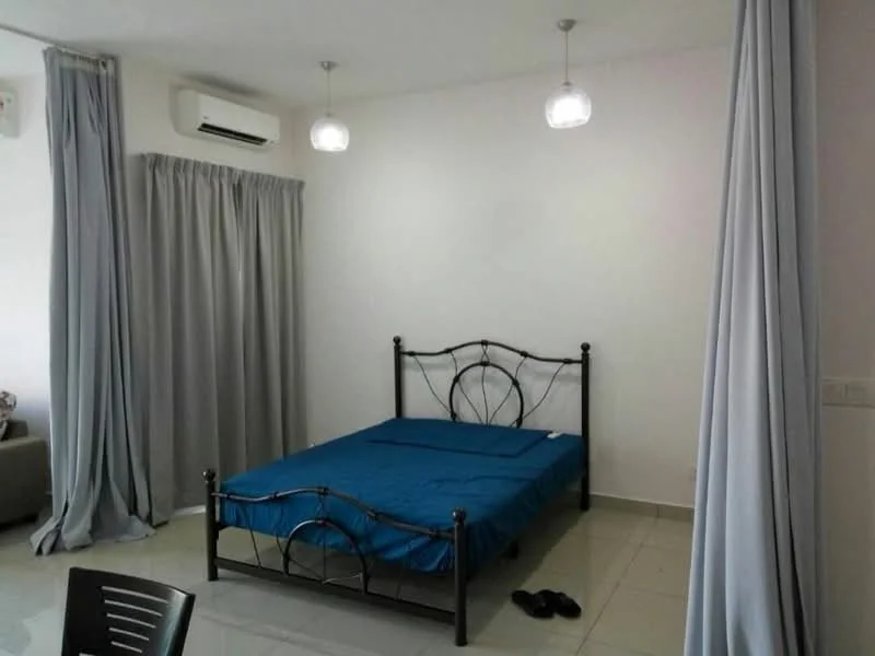Bedroom features: king-size bed with blue bedding, black metal bed frame, 2 pendant lights, 1 wall-mounted split AC, grey curtains, white painted walls, glossy tile flooring, slippers on the floor; style: modern.