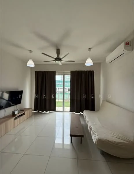 Living features: white painted walls, glossy white tile flooring, 5-blade ceiling fan with light, two pendant lights, sofa, wooden coffee table, TV console, wall-mounted TV, floor-to-ceiling windows, sliding glass door, dark curtains, air conditioning unit; style: modern; view: garden.