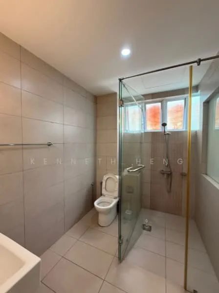 Bathroom features: white tiled walls, beige tiled flooring, glass shower enclosure, chrome shower head, handheld shower, toilet, single-sink vanity, mirror, recessed lighting; style: modern.