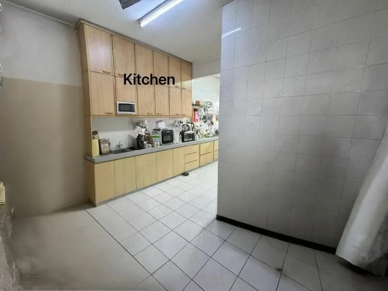 Kitchen features: light wood cabinetry, grey countertop, built-in microwave, stainless-steel fridge, freestanding range oven, ceramic tile flooring, white tiled walls, under-cabinet lighting; style: modern.