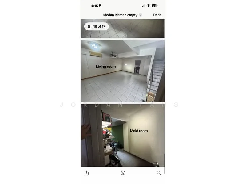 Living features: white painted walls, tile flooring, 5-blade ceiling fan, staircase, large windows, neutral decor, open layout. Maid room features: green painted walls, tile flooring, doorway, storage items visible.