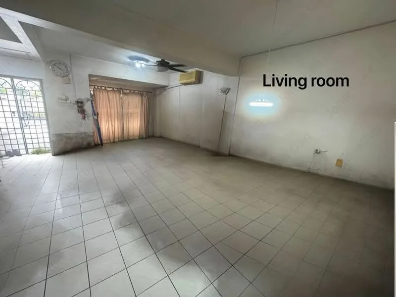 Living features: white painted walls, tile flooring, ceiling fan, recessed downlights, large windows, curtains, air conditioning unit, wall-mounted light fixture.