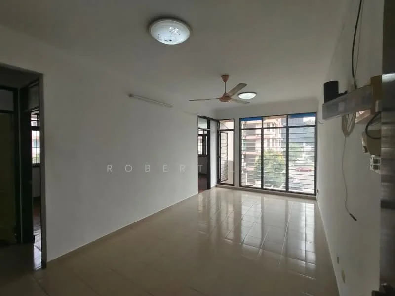 Living features: white painted walls, ceramic tile flooring, 5-blade ceiling fan, large floor-to-ceiling windows, sliding glass door, natural light, neutral color palette, open layout; style: modern; view: city. Room features: white painted walls, ceramic tile flooring, doorway leading to another room.