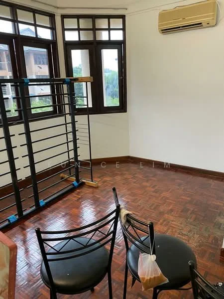 Room features: wooden flooring, white painted walls, ceiling fan, 1 wall-mounted split AC, large windows, window frames with grid design, exercise rack, black dining chairs.