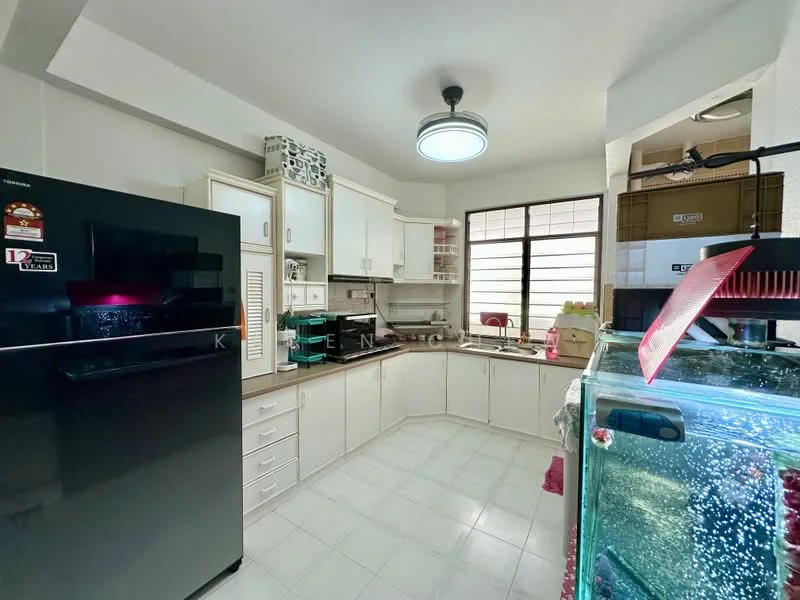Kitchen features: black refrigerator, white cabinetry, laminate countertop, stainless-steel sink, chrome pull-down faucet, ceramic tile flooring, window with grid pattern, built-in microwave, kitchen island, aquarium, open shelving, wall-mounted cabinets; style: modern.