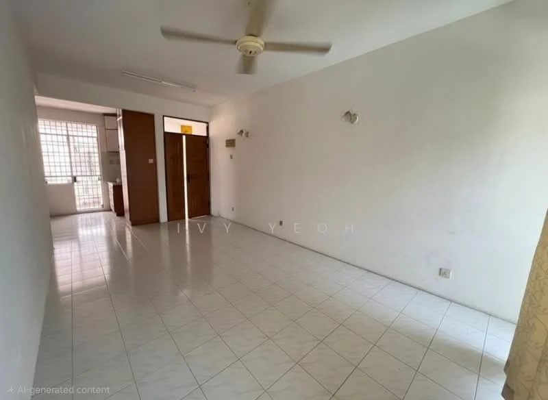 Living features: white painted walls, ceramic tile flooring, 5-blade ceiling fan, floor-to-ceiling windows, natural light, neutral decor, no visible furniture, light-colored curtains; style: minimalist.