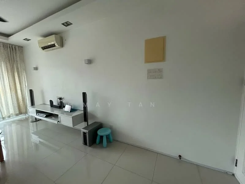 Living features: white painted walls, glossy tile flooring, 1 wall-mounted split AC, TV console, 2 speakers, curtains, light fixtures, small blue stool; style: modern.