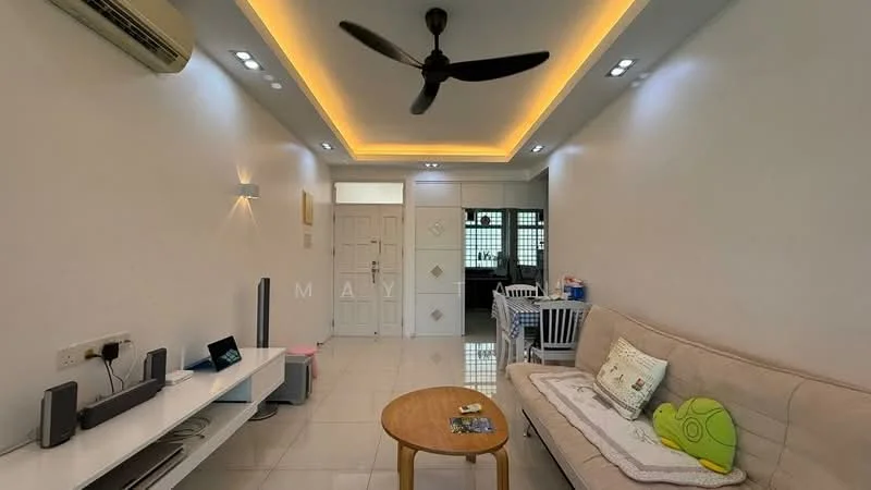 Living features: white painted walls, glossy tile flooring, tray ceiling with LED lighting, 5-blade ceiling fan, sofa with beige upholstery, wooden coffee table, wall-mounted TV, TV console, air conditioning unit, decorative wall art, open layout to dining area; style: modern.