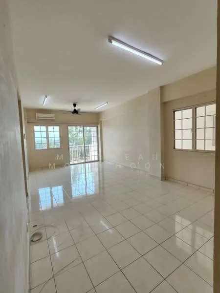 Living features: white painted walls, glossy ceramic tile flooring, 5-blade ceiling fan with light, floor-to-ceiling windows, sliding glass door, air conditioning unit, natural light from windows, neutral color scheme; style: modern; view: city.