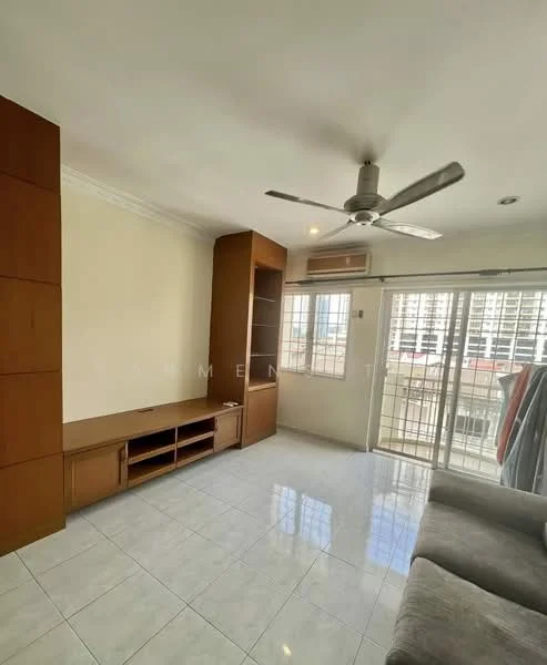 Living features: white painted walls, glossy ceramic tile flooring, 5-blade ceiling fan with light, wall-mounted air conditioning unit, built-in wooden TV console, open shelving unit, floor-to-ceiling sliding glass doors, curtains, sofa, natural light from windows; style: modern; view: city.