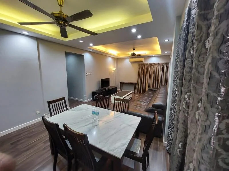 Dining features: marble dining table, wooden dining chairs, 5-blade ceiling fan with light, recessed LED downlights, wooden flooring, decorative curtains, wall-mounted TV, sofa in brown leather, TV console, accent wall with lighting; style: modern.